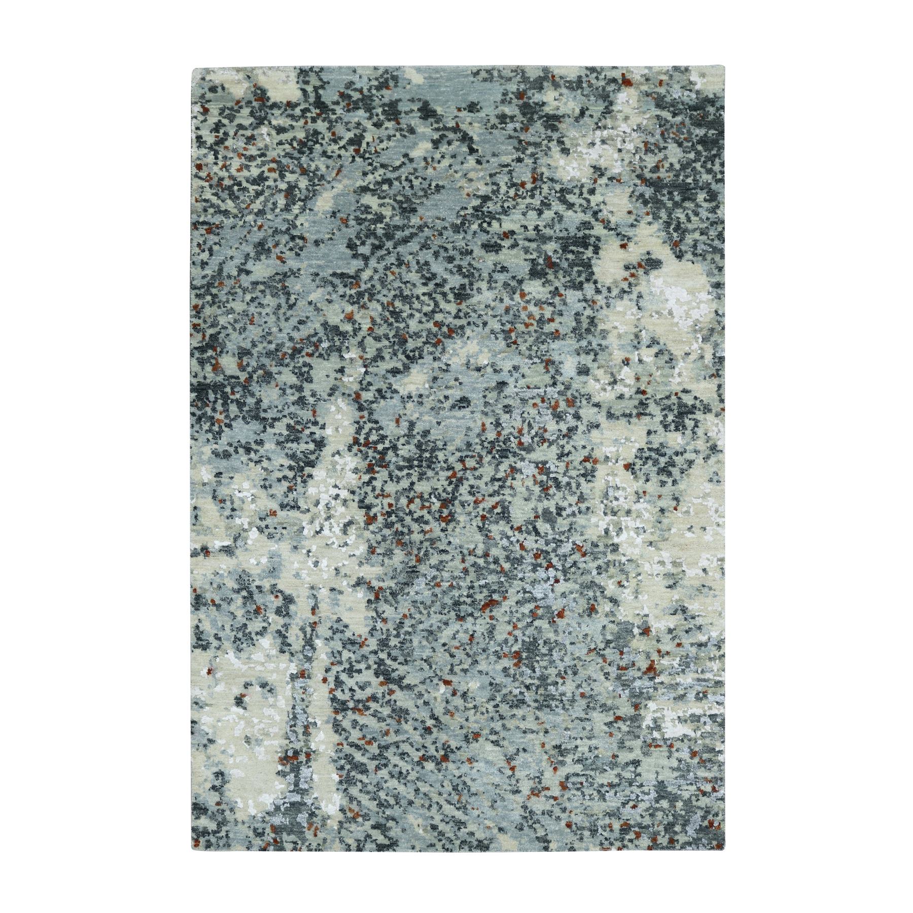 Charcoal Gray with Beige, Hand Knotted, Persian Knot, Abstract with Galaxy Design, 100% Wool, Densely Woven, Oriental Rug